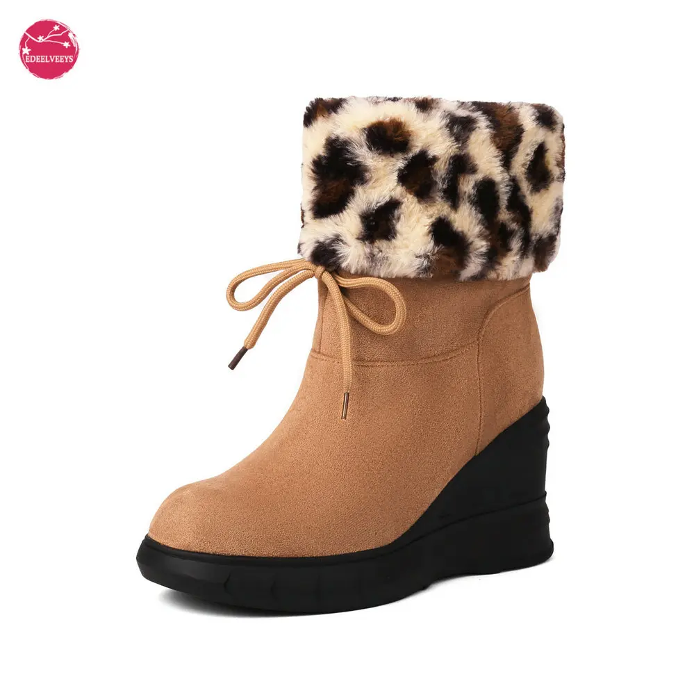 

Invisible Raised Snow Boots for Women's Winter Warm Plush Lining with Thick Sole High Heels Leopard Lolita Flipped Short Booties