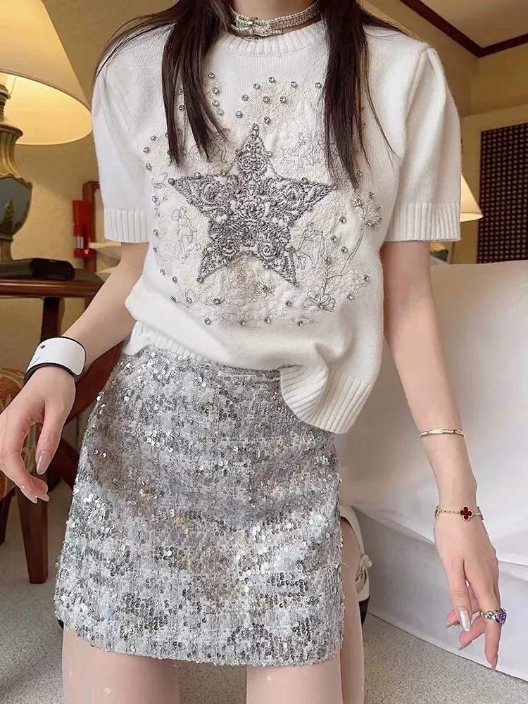 Shinny Skirt Suits Summer Women Embroidery Knitted Diamonds Tops And Mini Sequined Silver Skirt Tracksuit Clothing Set NZ214
