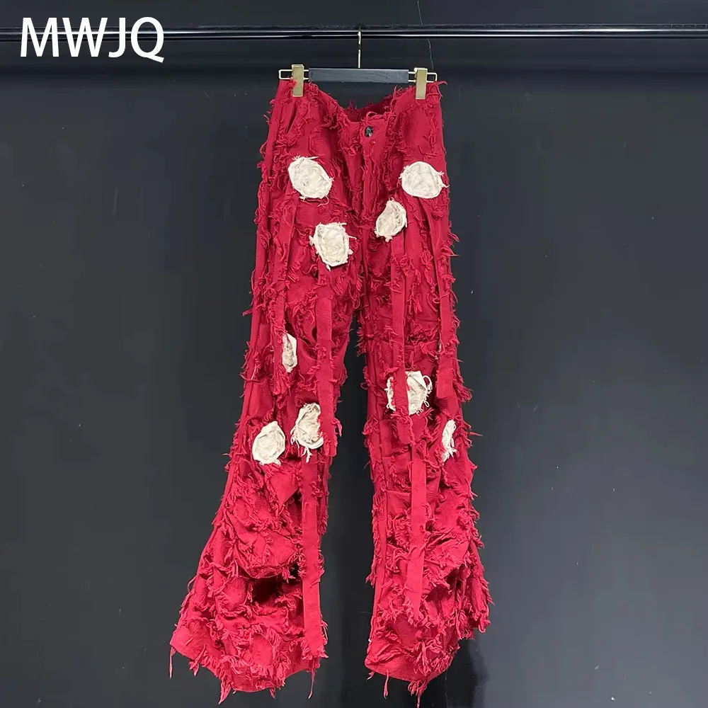 

MWJQ Wine Red Flower Rough Edge Design Trousers Men's High Street Spliced Lace Up Fashion Loose Casual Pants New Spring 010247