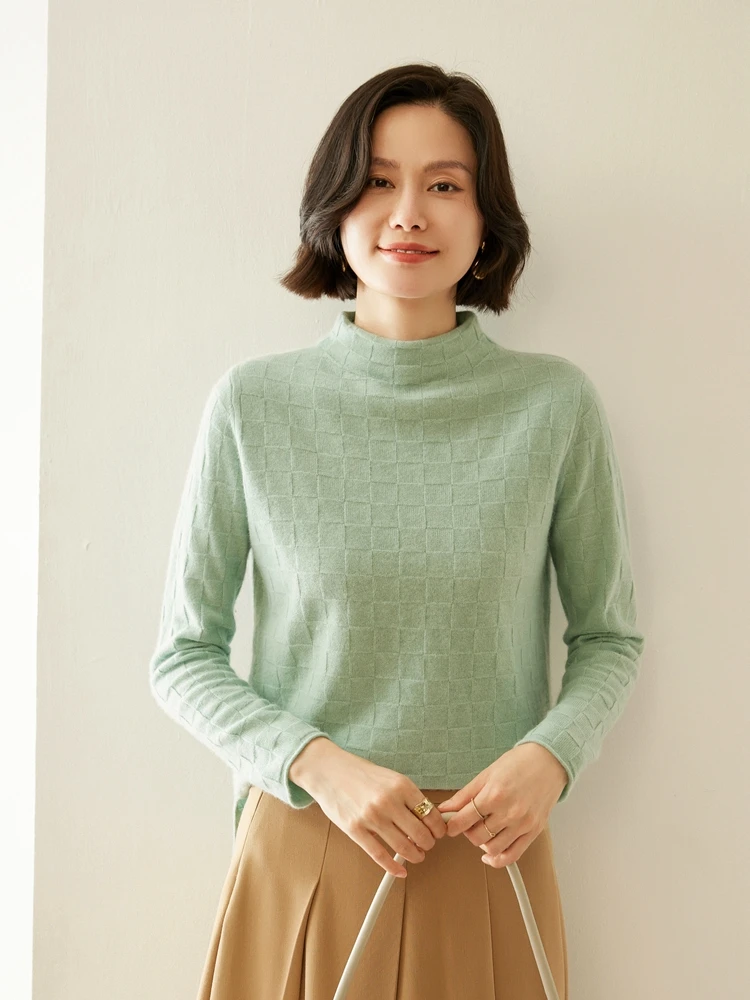 

Autumn Winter Women's Pullover Checkerboard Make Someone Look Slimmer 100% Cashmere Knitted Inner Cloth Top