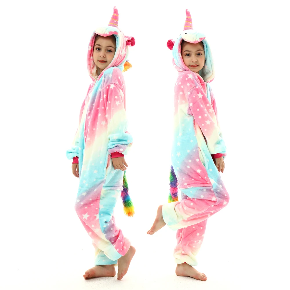 MINISO girls rainbow unicorn pajamas children flannel kigurumi kids cosplay costumes for halloween boys stitch panda pijama