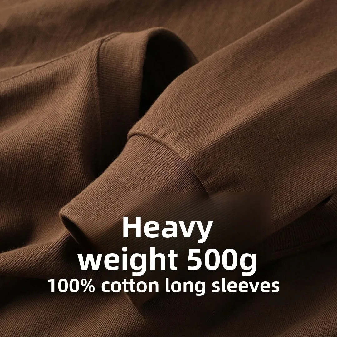 Heavyweight 500g Pure Cotton Long Sleeve Men's Vintage White T-Shirt Loose Fit Breathable Bottoming Top for Couples in Autumn