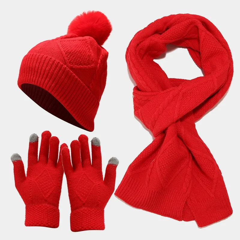 3pcs Winter Hat Scarf Gloves Sets for Women Knit Beanies Thickened Double Layers Winter Cap Sets Long Scarves Solid Color