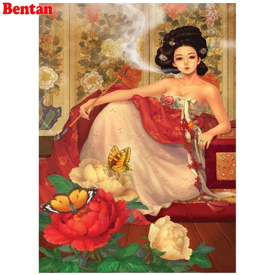 full square round diamond embroidery Smoking Sexy Japanese woman diamond painting cross stitch diamond mosaic stickers decor