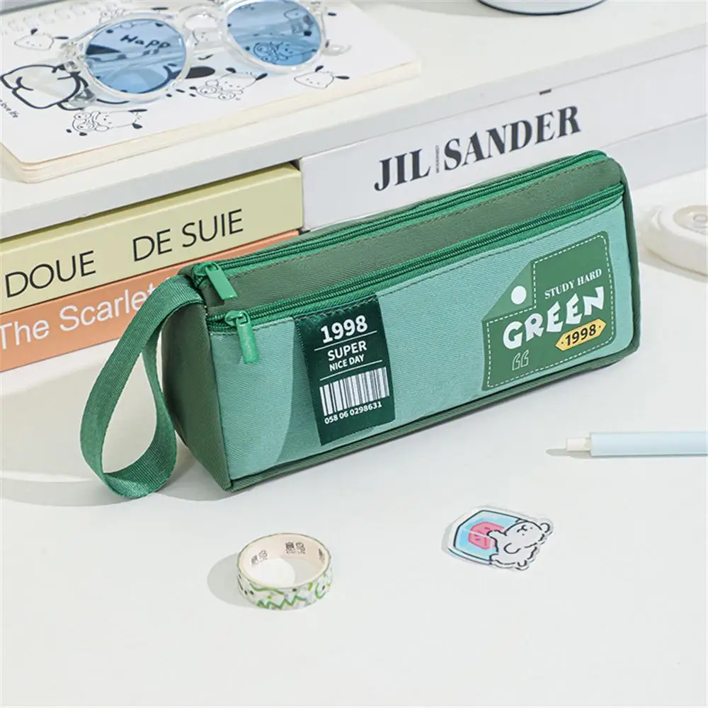 Triangular Double-Layer Pencil Case with Handle Canvas Vintage Design Student Stationery Organizer Zipper Pencil Bag