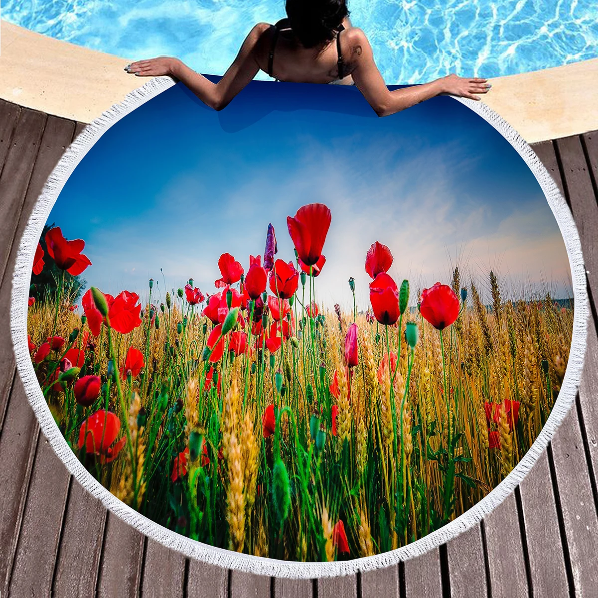 Botanical Poppy Floral Round Beach Towel Sand Resistant Shawl Beach Blanket,Absorbent Quick Dry Pool Towel Portable Picnic Mat