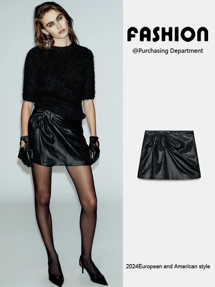 Zimowe 2025 Nowe Modne Damskie Spodnie-Spódnice z Wysokim Stanem, Uniwersalne, Wyszczuplające, z Imitacji Skóry, Plisowane, Etniczne Stroje Sceniczne