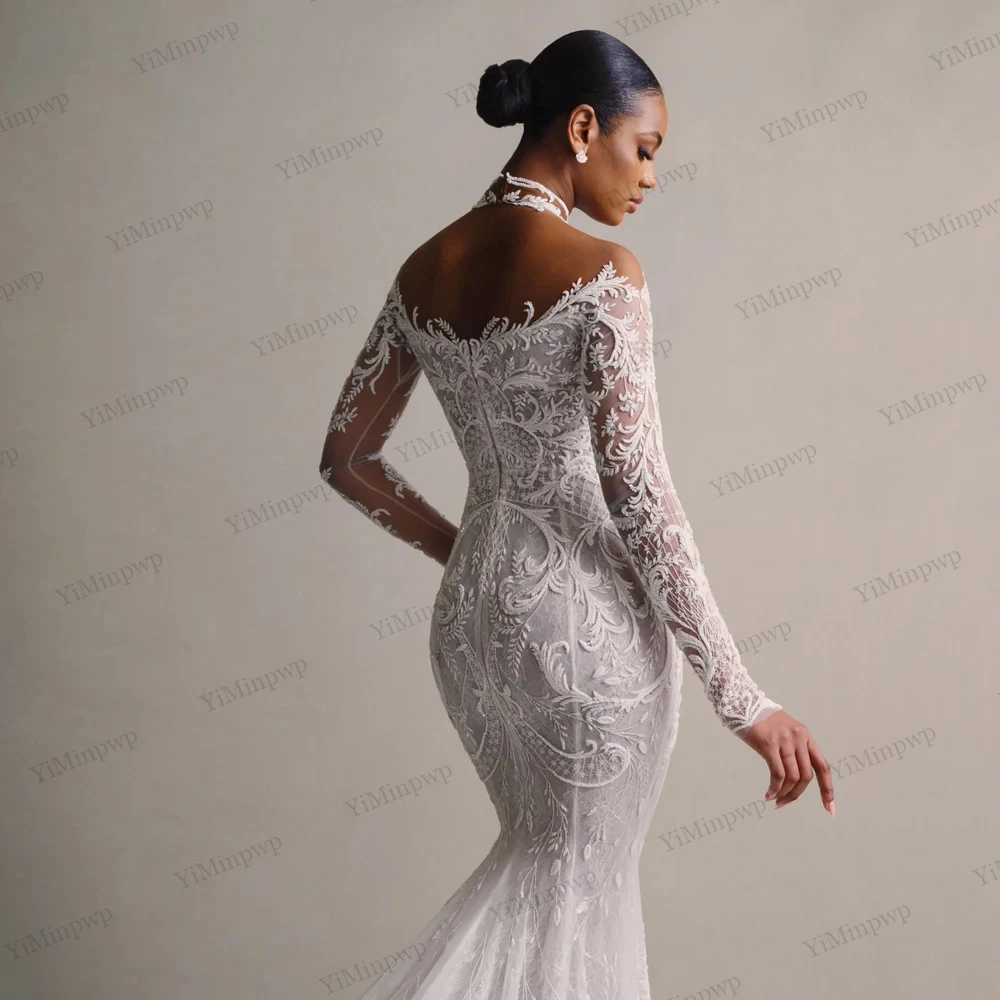 

African Nigeria Lace 2 In 1 Wedding Dress For Bride Robe De Mariée High Neck Applique Long Sleeves Garden Bridal Gown Customized