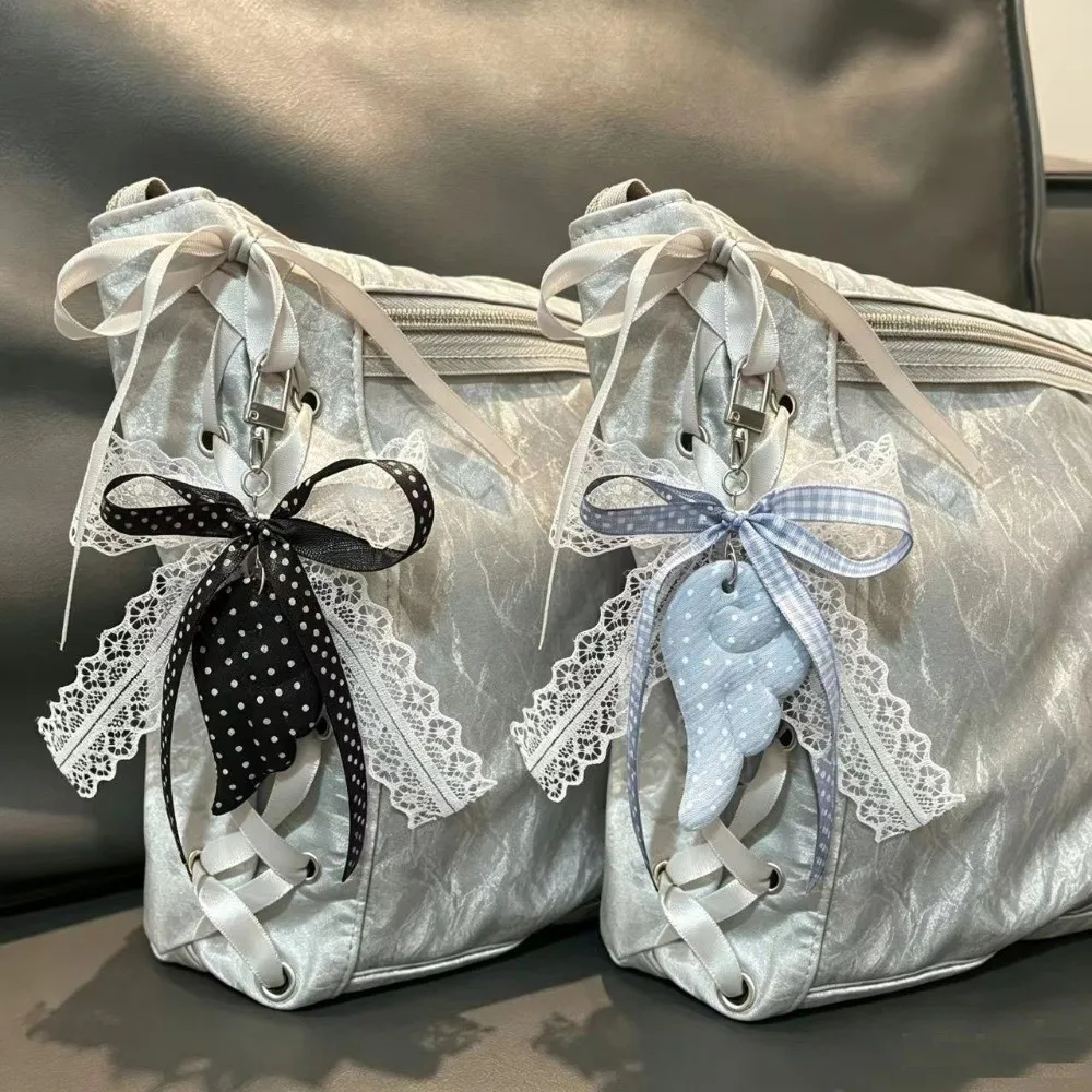 Sweet Polka Dot Star Pendant Keychain Music Note Bow Ribbon Bag Charm Angel Wings Lace Key Ring