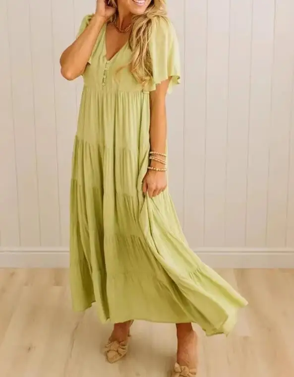 

Women Dresses 2026 New Spring Summer Solid Color Fashionable Casual V-Neck Ruffle Button Short Sleeve Loose Daily Long Dress