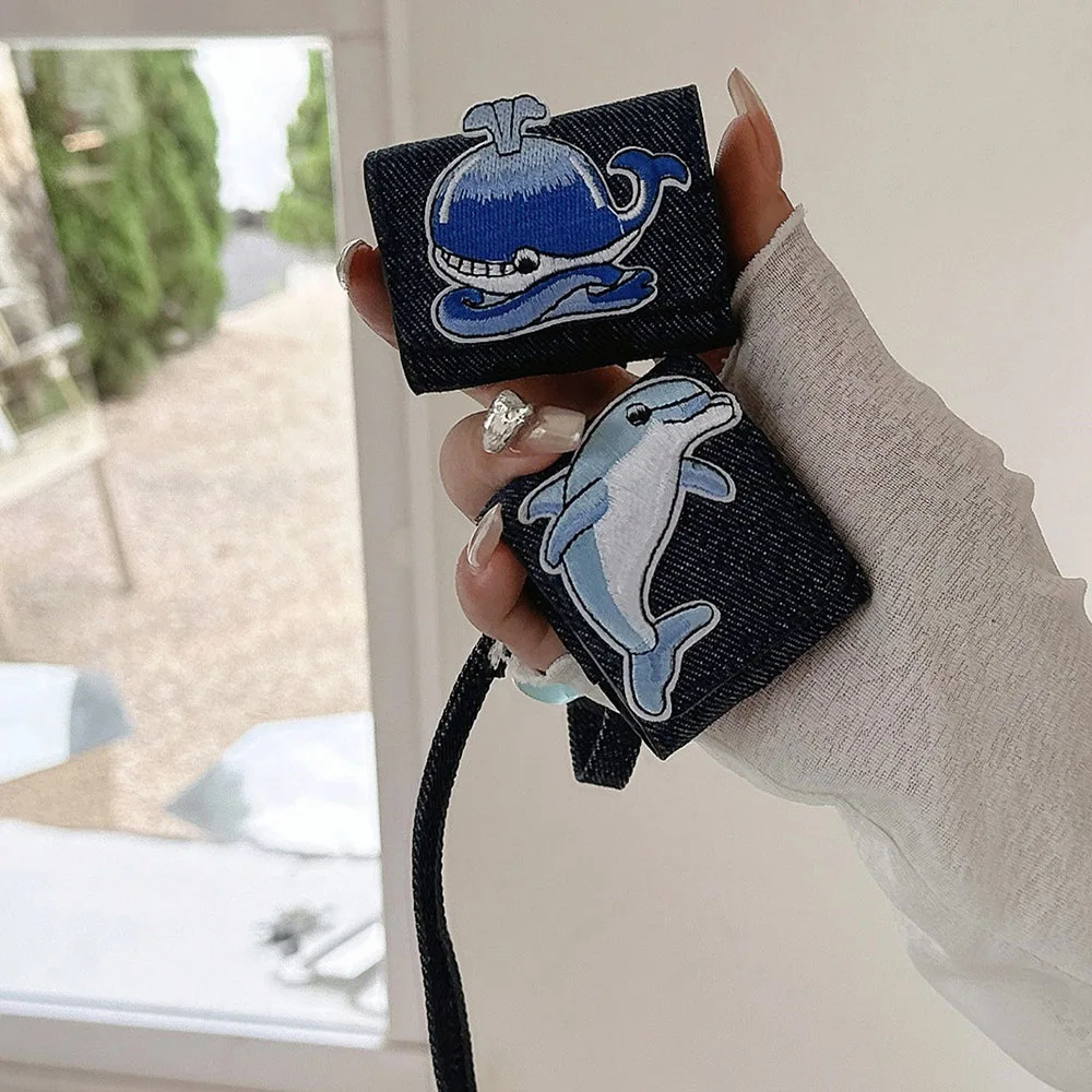 Cartoon Embroidery Whale Dolphin Cowboy Leather Earphone Cover with Lanyard Wrist Strap Case For AirPods Pro 2 Air Pods 1 2 3