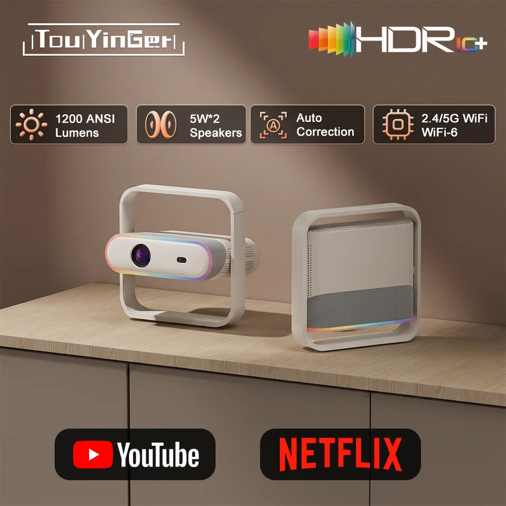 Touyinger Z7 Linux 360 ° Obrotowy projektor – obsługuje dekodowanie 4K i HDR10+; przenośny inteligentny kino domowe do użytku na zewnątrz i w sypialniach