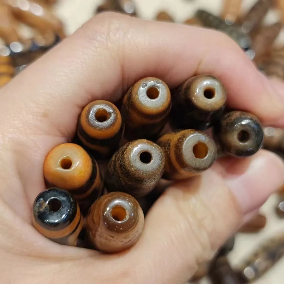 100pcs/lot Natural Ivory Yellow Brown Agate Dzi Advanced craftsmanship Handmade beads Weathering lines multiple Totem pattern