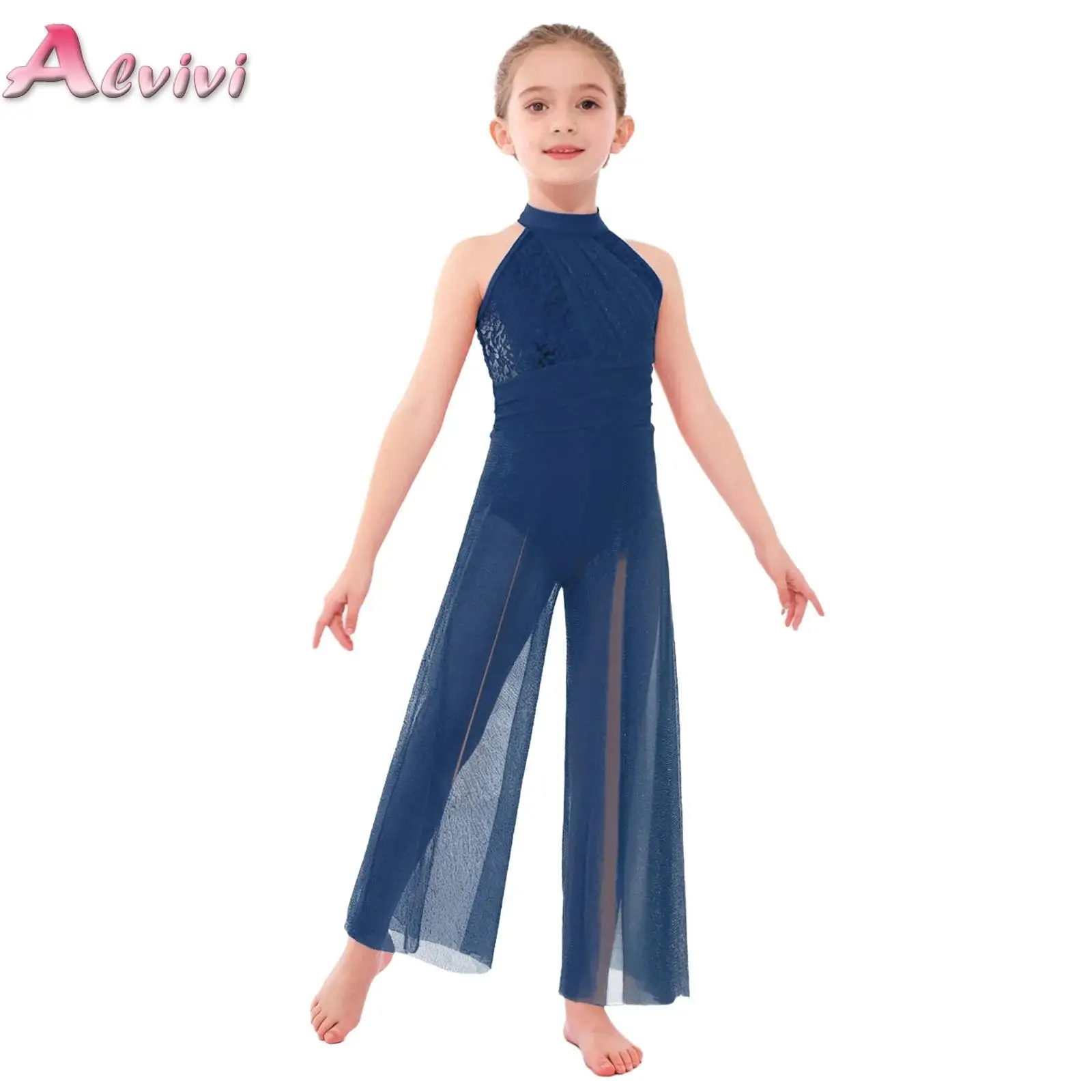 Girls Sequins Mesh Split Wide-Leg Bodysuit Shimmery Jumpsuit Gymnastic Ballet Dancewear Sleeveless One-piece Modern Contemporary