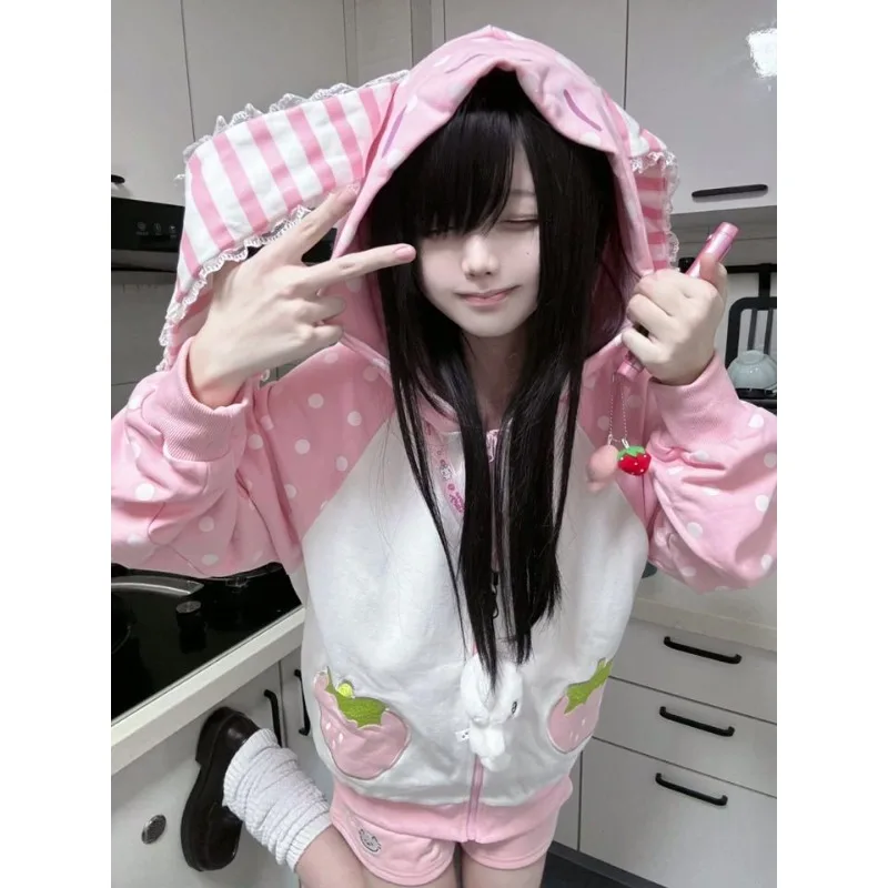 اليابانية Kawaii هوديي سستة طويلة الأكمام ثقافة فرعية المرأة معطف غير رسمي نقطة مع مخطط الحلو نمط الخريف 2025 الملابس النسائية