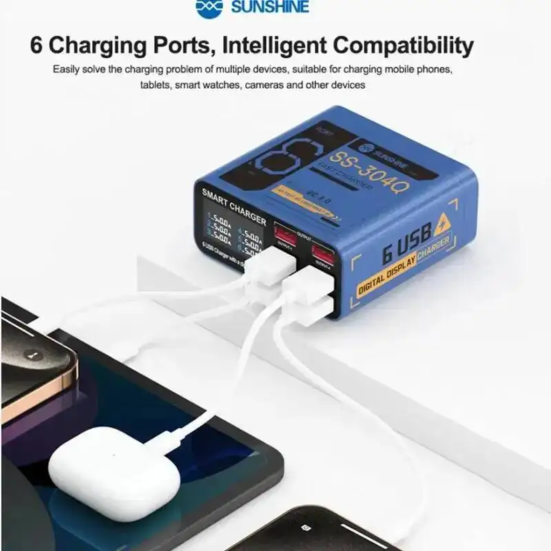 

Портативное зарядное устройство SUNSHINE SS-304Q, 40 Вт, 6 портов USB, быстрая зарядка QC3.0, интеллектуальный цифровой дисплей, для нескольких устройств