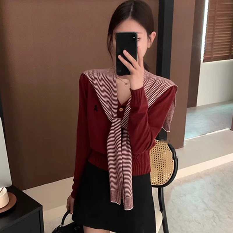 Christmas Red Sweater Striped Shawl Knitted Cardigan Two-piece Suit Women's Sweater Casual Tops Winter Festival Celebration