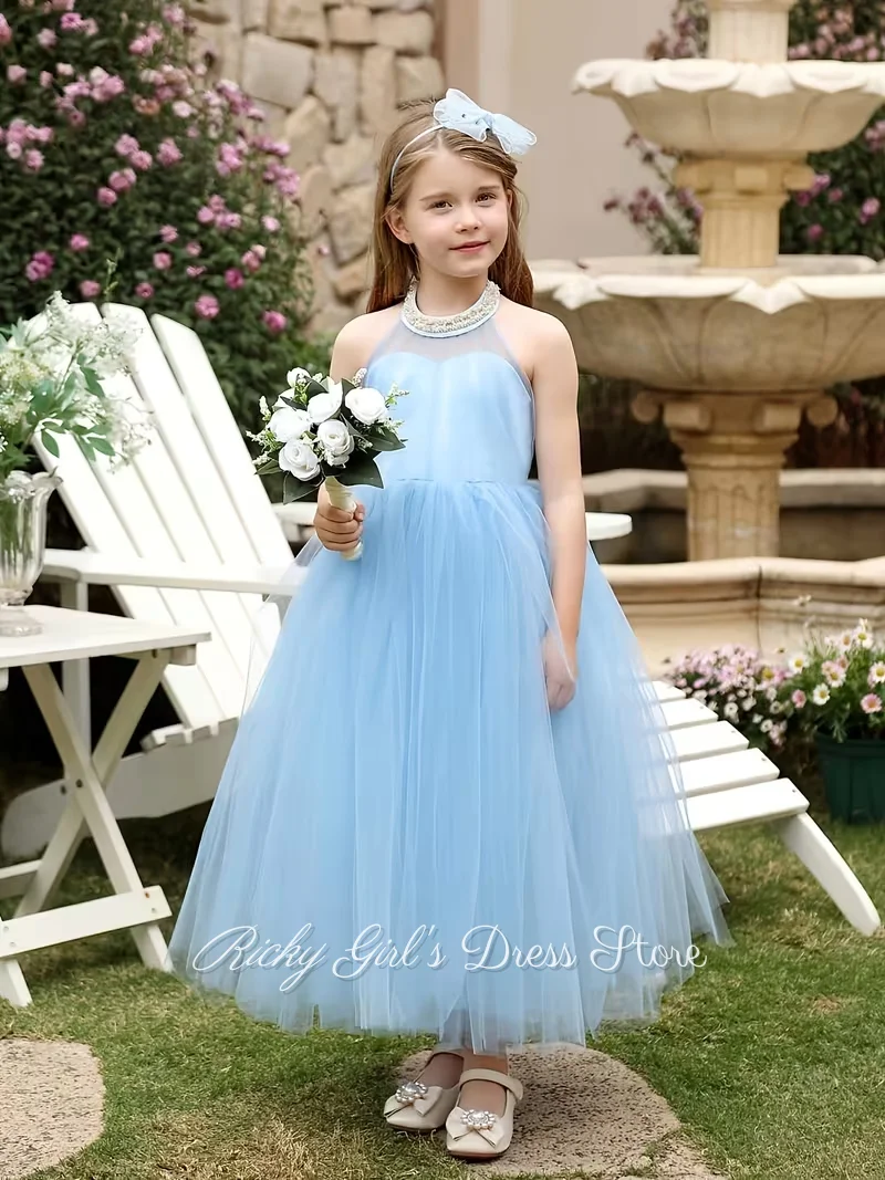 Customized Halter Flower Girl Dresses For Wedding Tulle Beaded Kids Birthday Party First Communion Ball Gown Floor Length