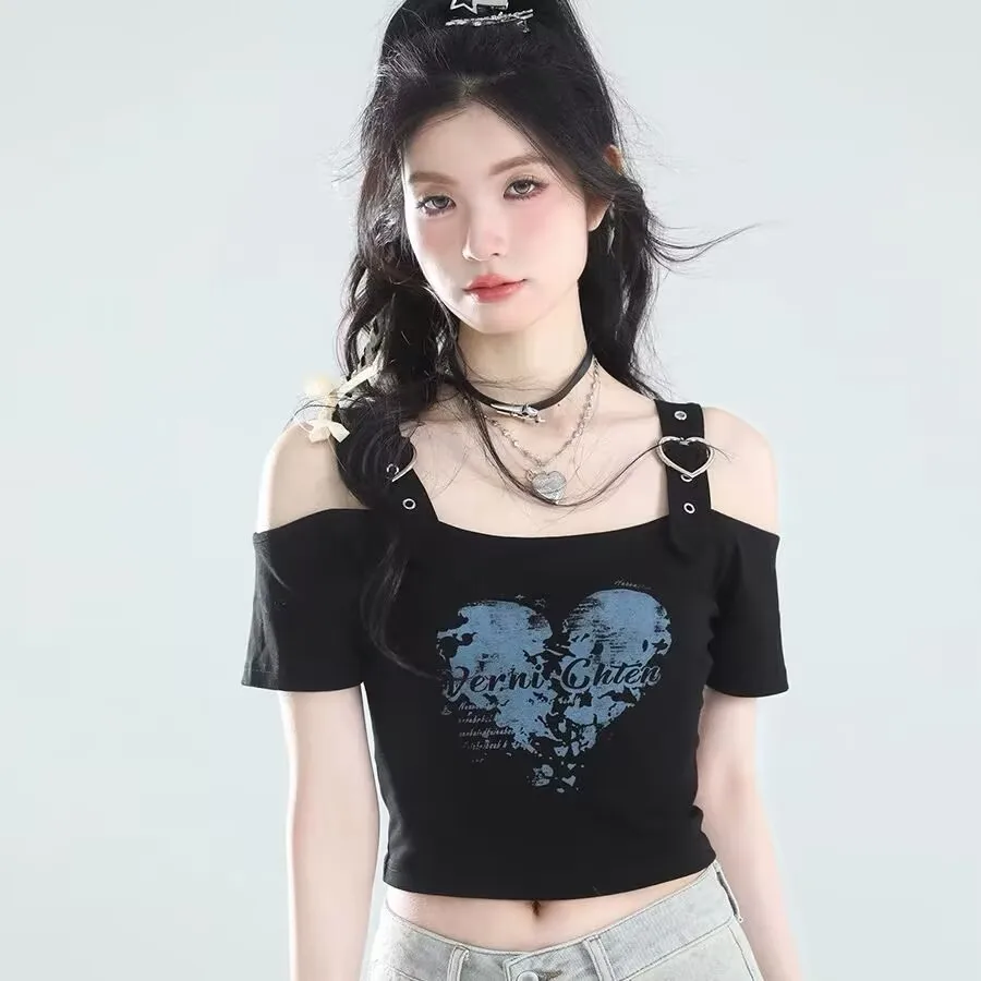 

Off Shoulder T-shirt 2026 Summer Heart-shaped Buckle Short Sleeve T-shirt Women Sweet Personality Short Tee Korean Short Tops