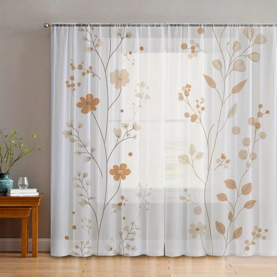 2PCS Digital Print Sheer Curtain, Beige Brown Flower Leaf, Boho Chic Window Curtains for Living Room Bedroom Home Decor