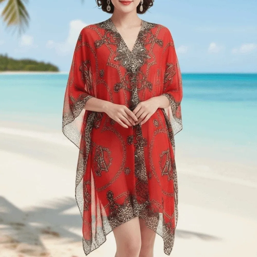 

Breathable Big Chain Printed Shawl Long Polyester Sunscreen Thin Large Scarf Lightweight with Buckle Seaside Vacation Cloak Gift