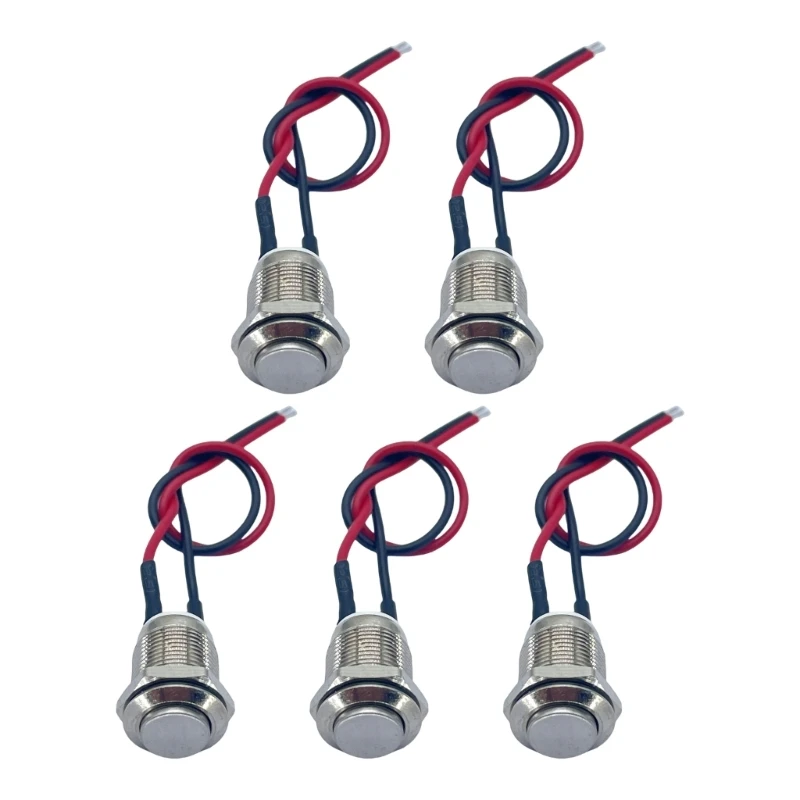 12mm Momentary Push Button with Wire Leads, Metal Flat Head Panel Mount, Press Connect Release Off, Pack of 5 for Vehicl