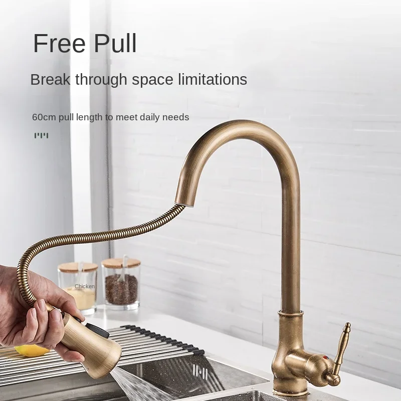 Retro Brass Kitchen Sink Faucet Pull-Out Spout Single Handle Hot and Cold Mixer Antique Brass Finish Retro Brass Pull-Out Mixer