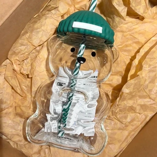 2025 nueva taza de café con forma de oso de dibujos animados de 500ML taza de oso lindo taza de vidrio con pajita tazas de agua de café de café de leche creativas transparentes