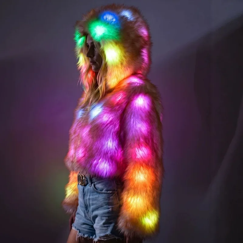 LED Faux Fur Women Coat Light up Hoodie Jacket Rave Party Nightclub Wear Halloween Christmas Costume Winter Warm Coat