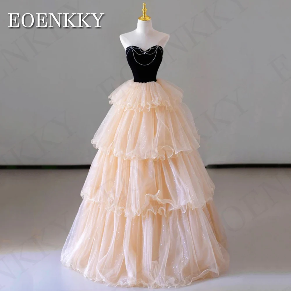 Elegante abito da ballo senza spalline principessa Tulle scintillante A strati una linea abito per occasioni formali abiti senza schienale de soirée scollo A cuore Elegante abito da ballo senza spalline da principessa