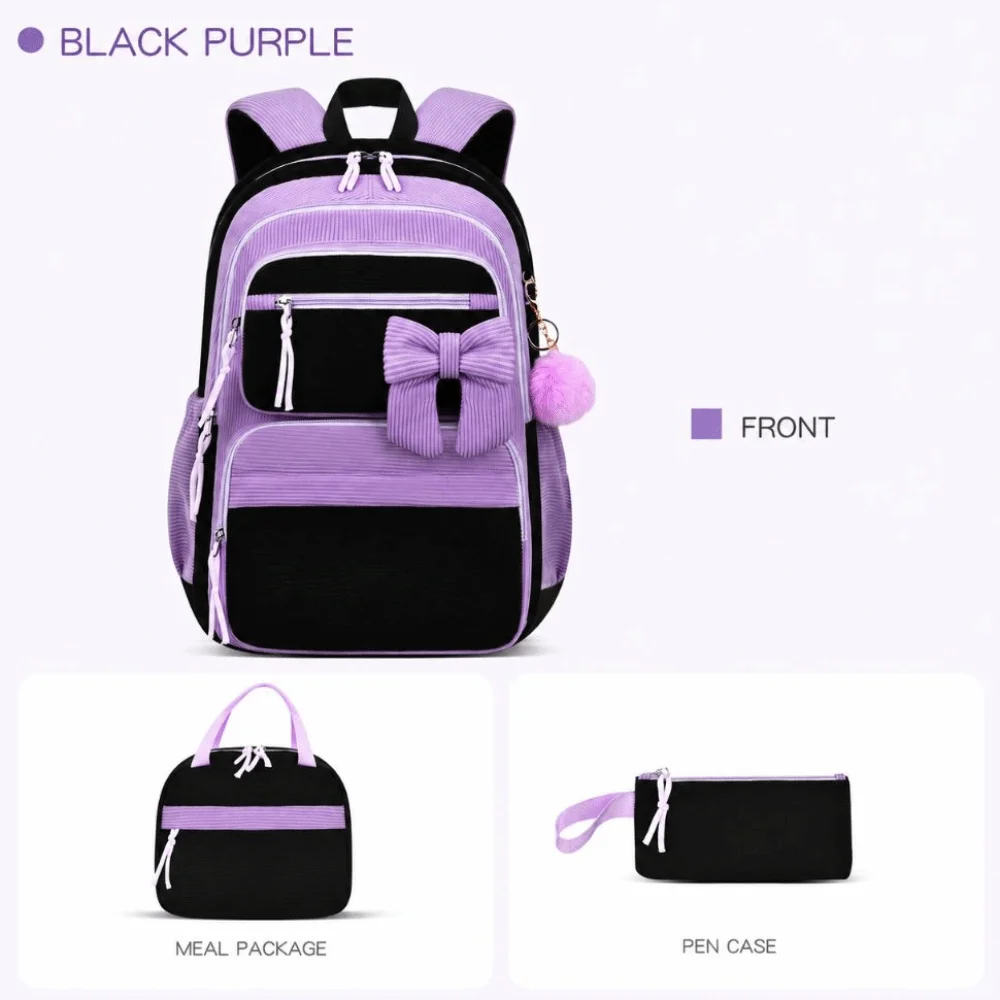 3PCS Cartoon Backpack,lunch Bag,Pencil Case Set Corduroy Material 4Colors Bow-knot Schoolbag Set Large Capacity Lightweight