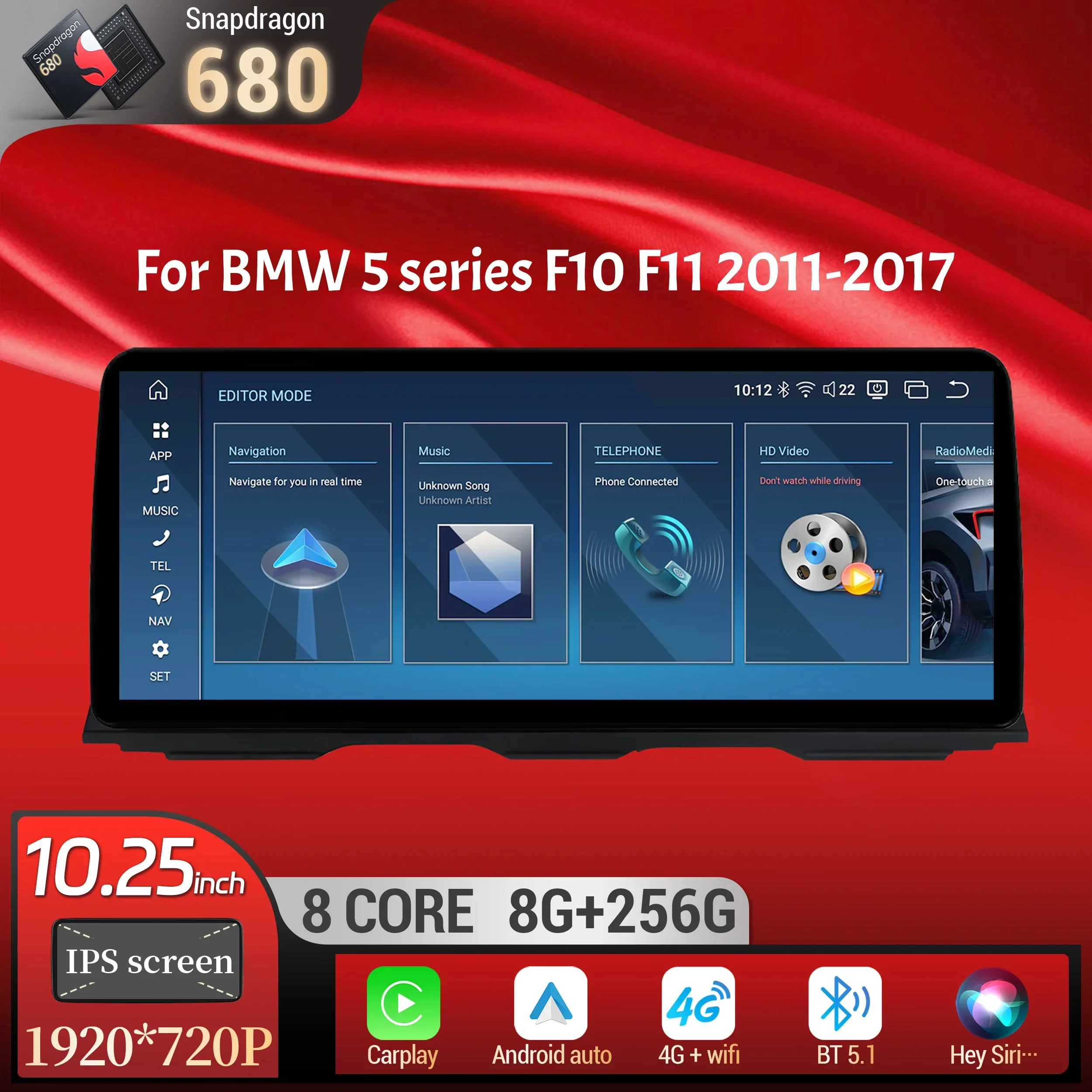 

10.25 inch Android 14 Car Radio For BMW 5 series F10 F11 2011-2017 Wireless Bluetooth Carplay Snapdragon 680 Head Unit Screen