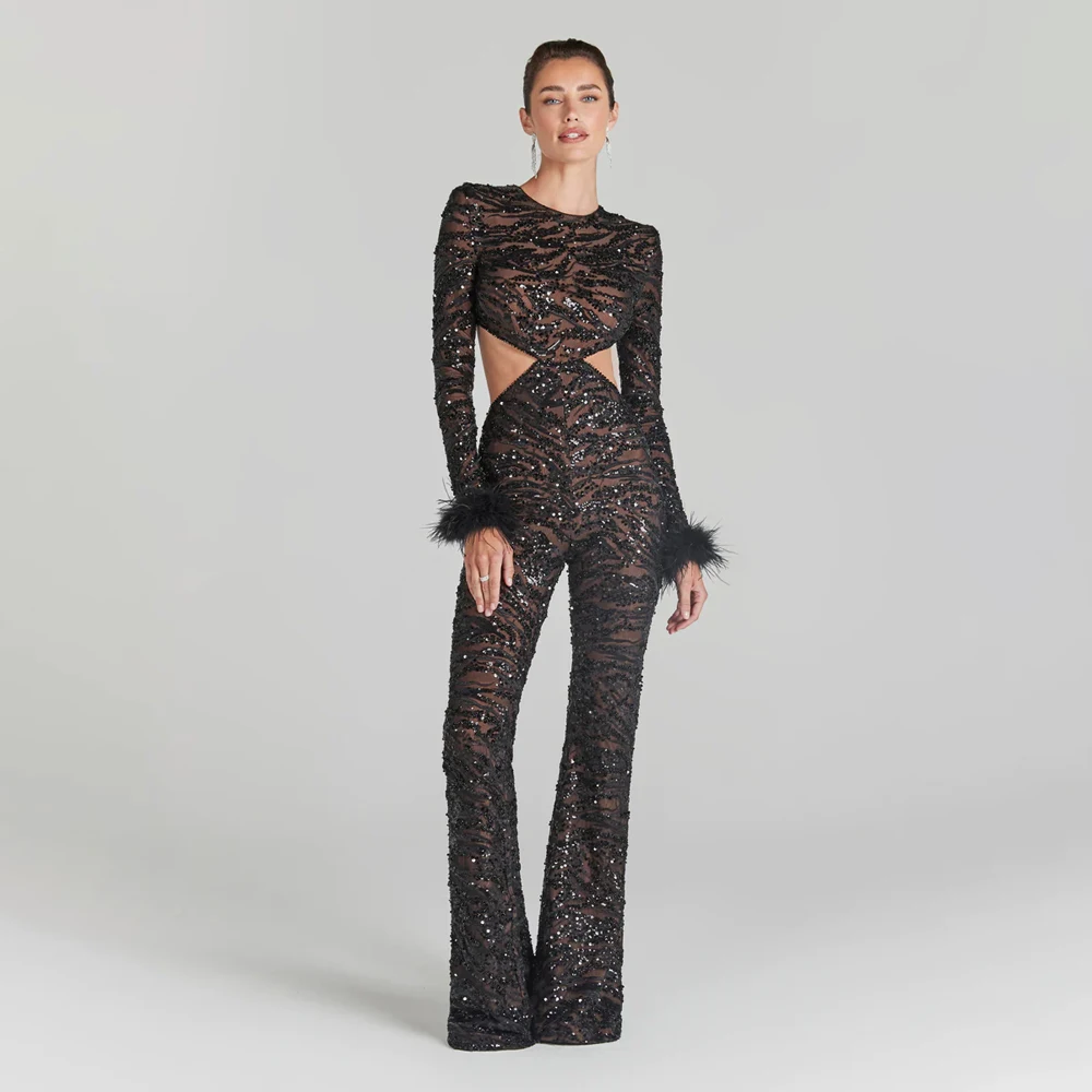 

GORAFASHION Lace Print Hollow Backless Elegant Casual Tight Feather Jumpsuit Sequin Jumpsuits For Ladies Evening Dress