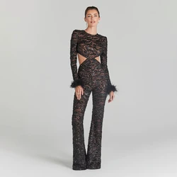 GORAFASHION Lace Print Hollow Backless Elegant Casual Tight Feather Jumpsuit Sequin Jumpsuits For Ladies Evening Dress