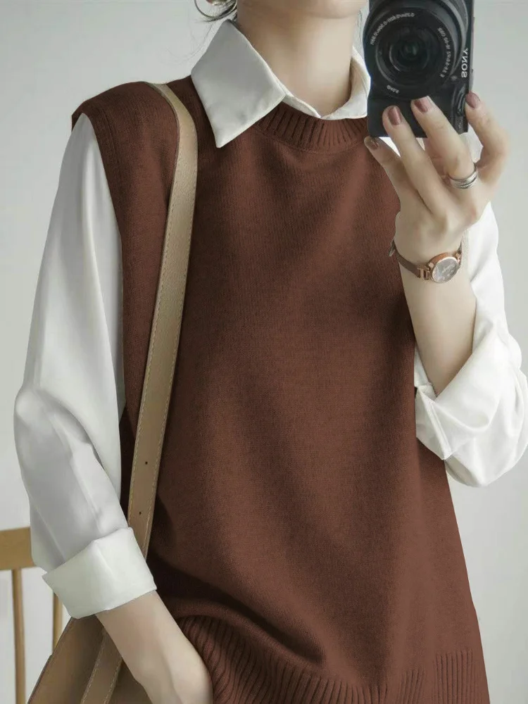 

Loose Knitted Svel round Ne Vest Women's Faion Trend Korean Sle Lazy Sle Split Pure Color Autumn Winter Sweater