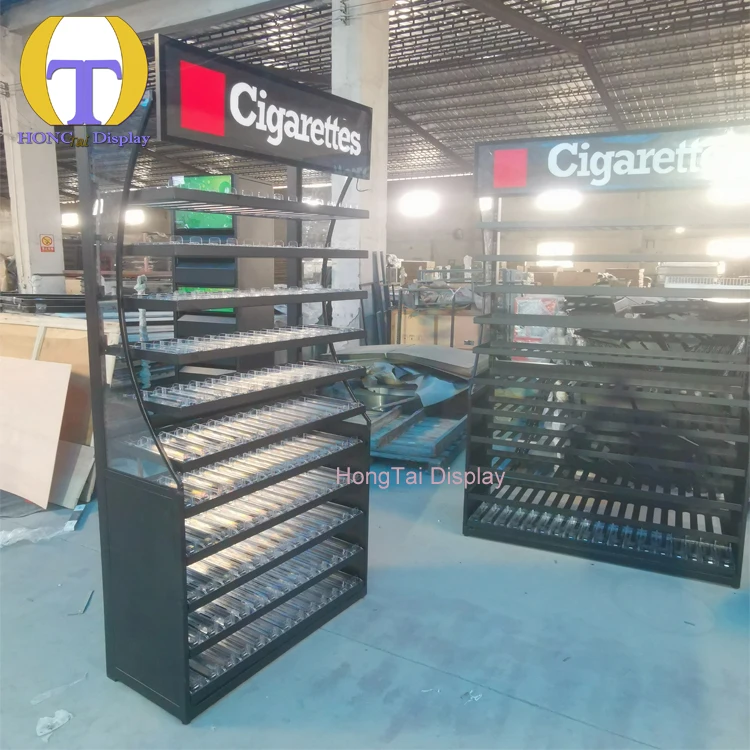 Custom.HongTai Grosir Akrilik Pusher Besi Display Showcase Lampu LED Perlengkapan Besi untuk Toko Rokok & Toko Ritel