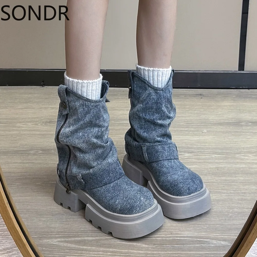 

Women Ankle Boots Denim Jeans Platform Chunky Heel Retro Motorcycle Bowtie Shoes Round Toe New 2024