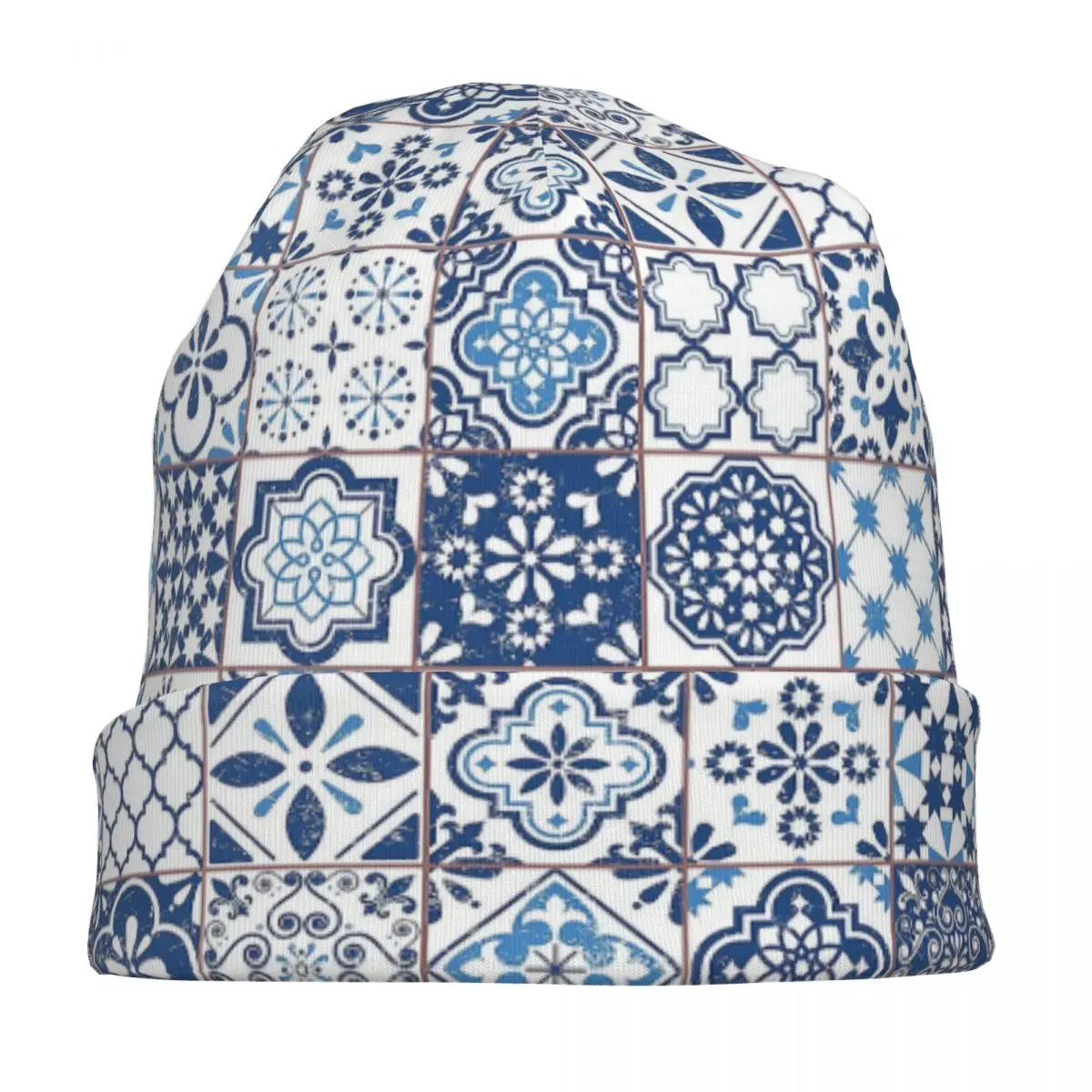 Portuguese Azulejos Warm Knitted Cap Fashion Bonnet Hat Autumn Winter Outdoor Beanies Hats for Men Women Adult