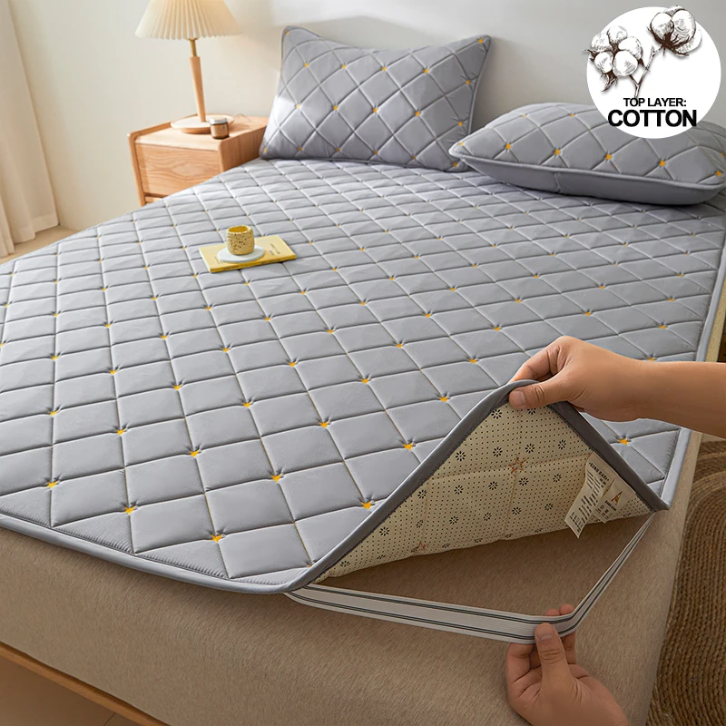 Luxury Quilted Mattress Cover - 100% Cotton Embroidered Top Layer, 4 Elastic Straps, Hypoallergenic & Noiseless, Fitted Sheet