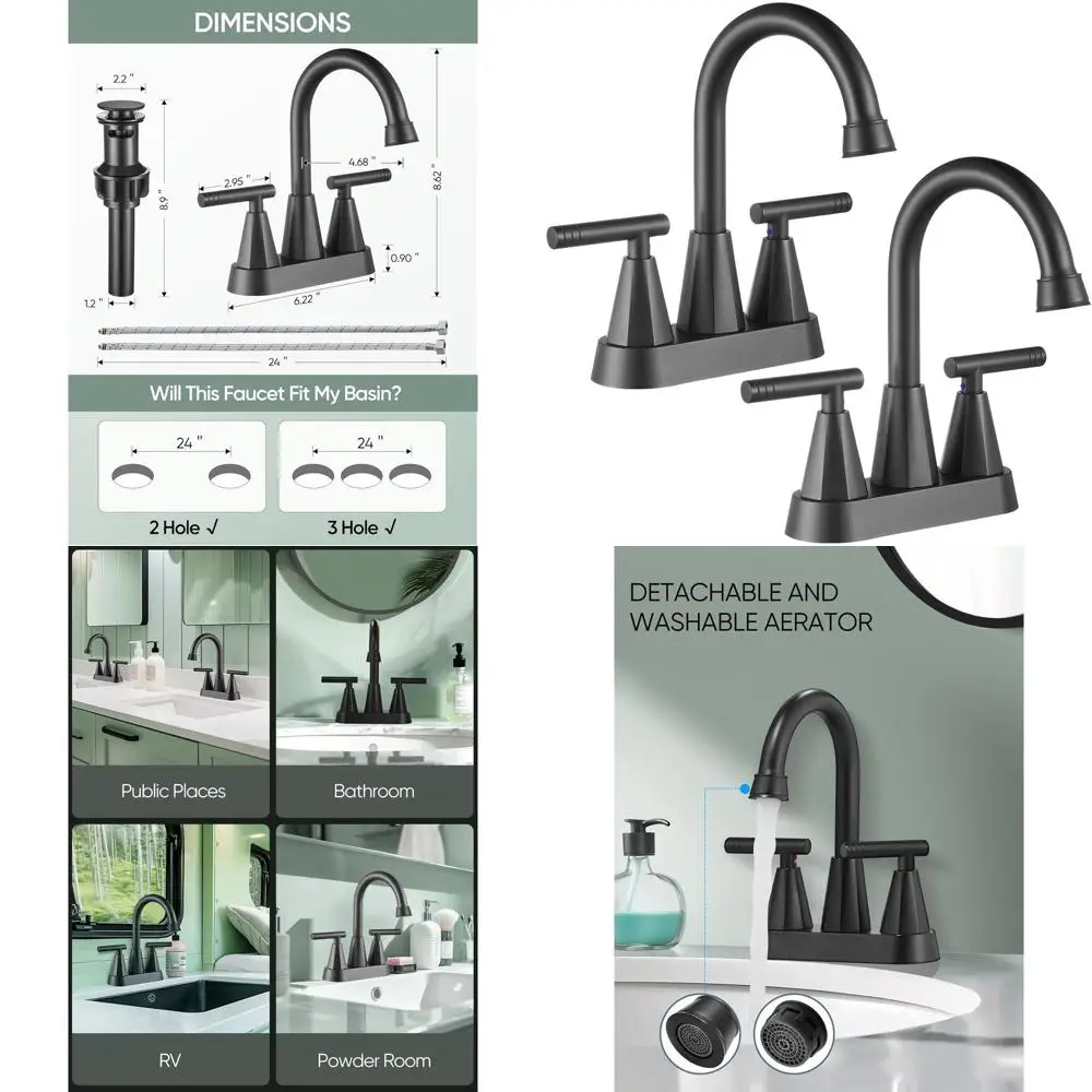 

Комплект из 2-х матовых черных смесителей для ванной комнаты с 3 отверстиями, 4-дюймовым центральным креплением, верхним сливом и двойными подводящими трубами