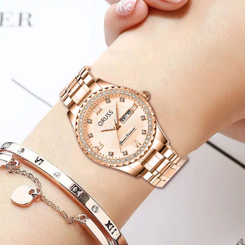 New Fashion Couple Watches Women Gold Luxury Casual Quartz Watch Woman Week Date Stainless Steel Watches Reloj Hombre For Gifts