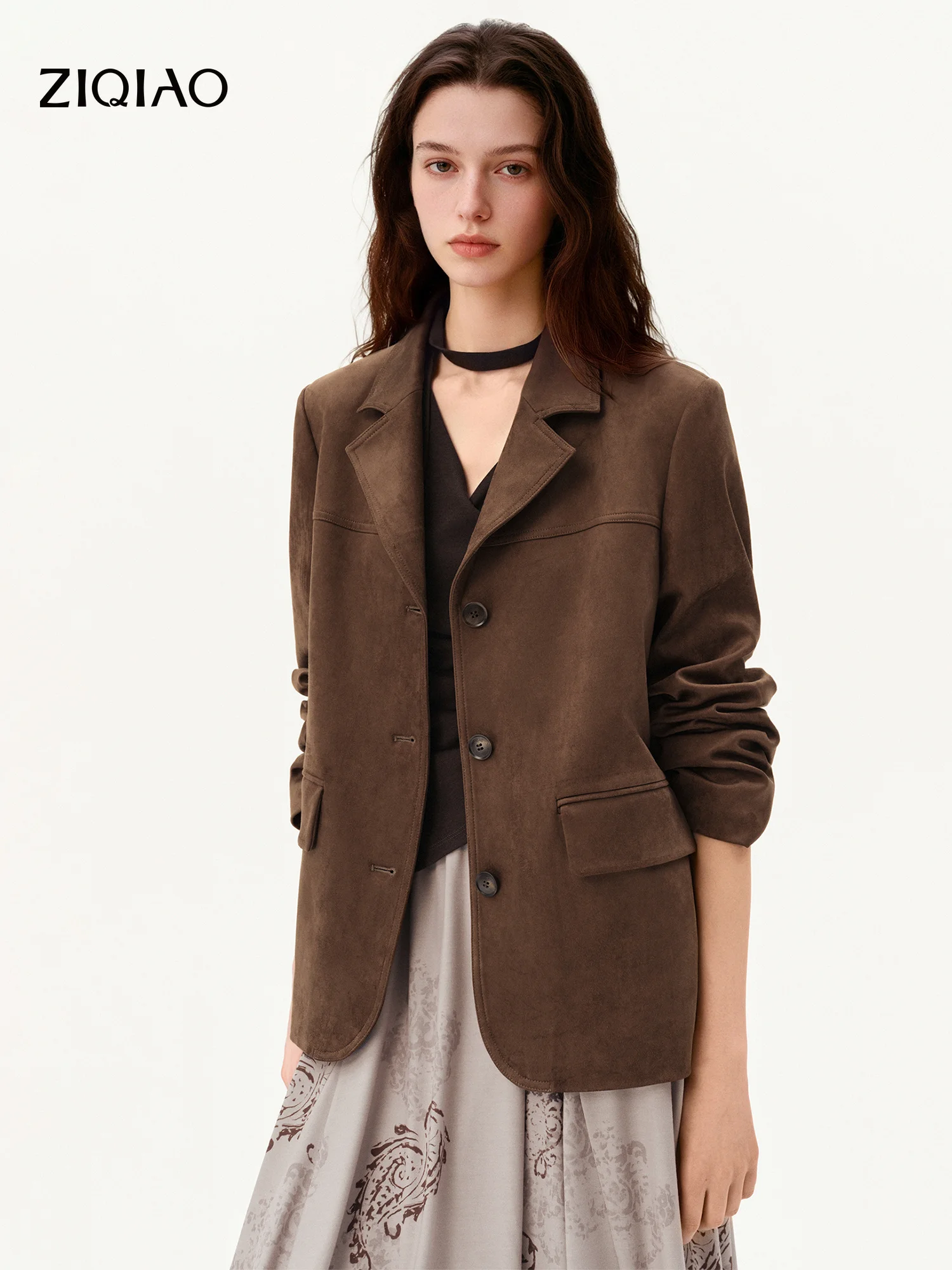 ZIQIAO Retro-style Faux Suede Straight-cut H-line Matte Suit Jacket for Women Blazer Brown Commuting New Autumn 2026