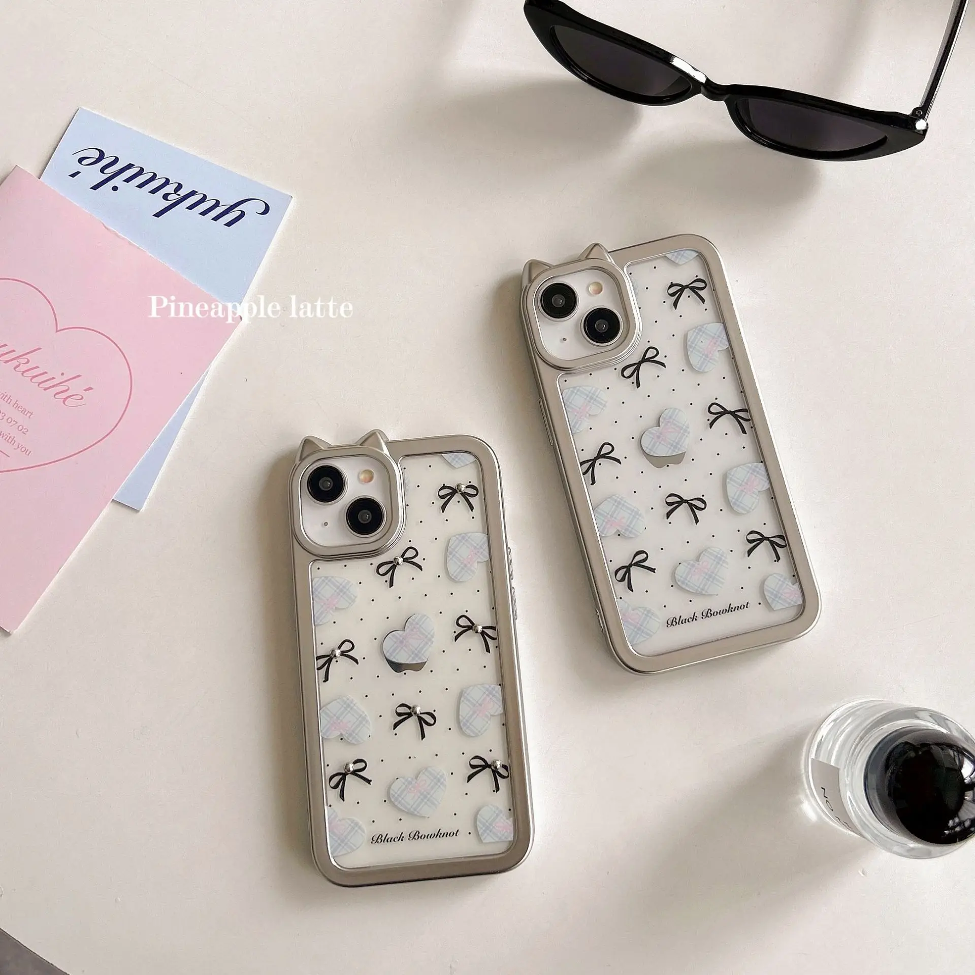 Wróżka retro kokardka Kocie uszy sztuka przezroczyste Etui na telefon do iPhone'a 15 14 13 12 11 Pro Max Etui Cute Sweet silvery frame luxury Cover