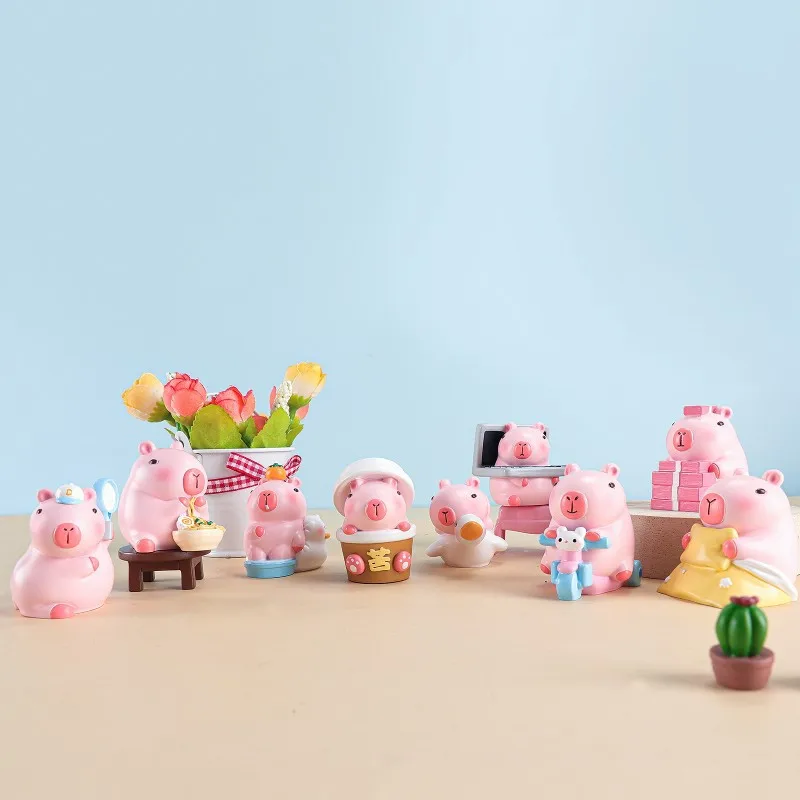 Nieuwe Roze Kapibara Pop 9 Stuks Blinde Doos Beeldje Cartoon Perifere Hars Ornament Cake Decoratie Om Vrienden Verjaardagscadeau Te Geven