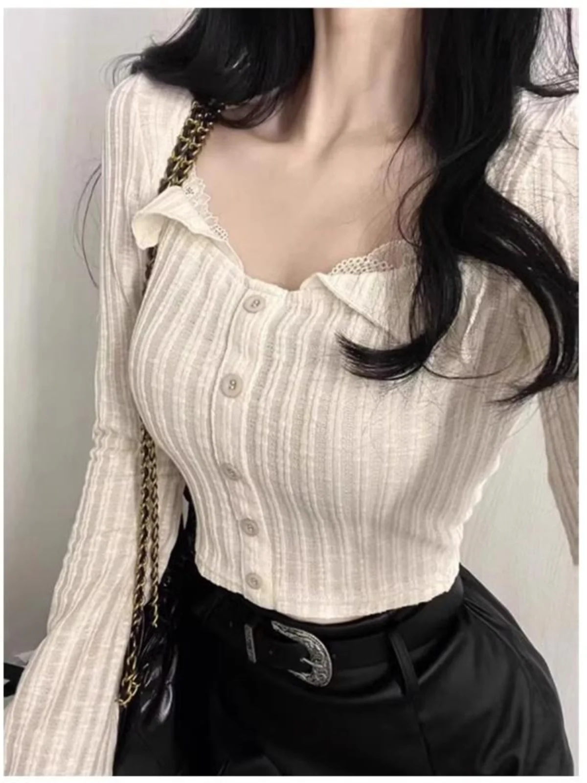 Sweet Japanese Style Square Collar Lace Stripe Long Sleeve T-Shirt Women's Spicy Pure Desire Slim Fit Short Top Cardigan