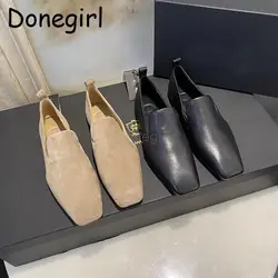 Donegirl 2023 New Women Fashion Spring Summer Leather Square Headed Solid Flats Work Shoes Casual Versatile Loafer Female Chic