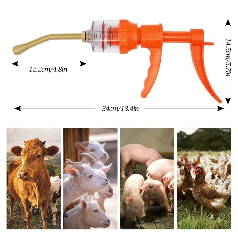 Pistola veterinária, Dispositivo de dosagem de seringa de alimentação contínua, gado, cavalo, ovelha, alimentador automático de gado, 50ml