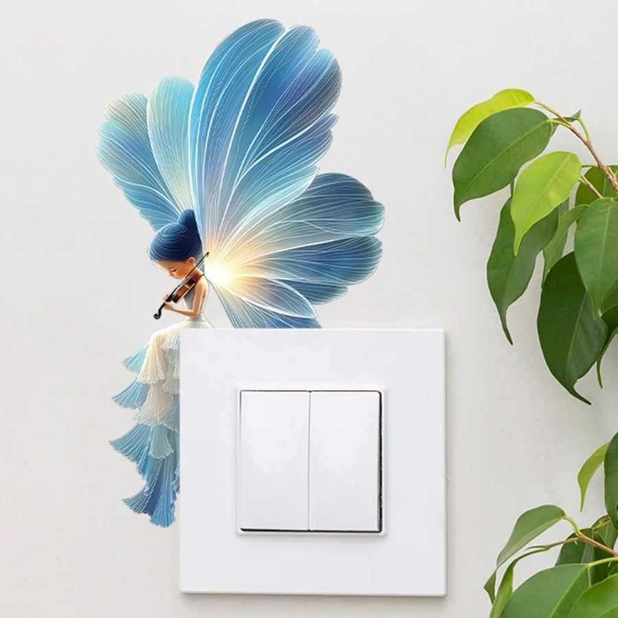 Glow In The Dark Whimsical Fairy Night Light Sticker, Blue Glow Violinist Serenading, Removable Peel And Stick, Music Theme Art