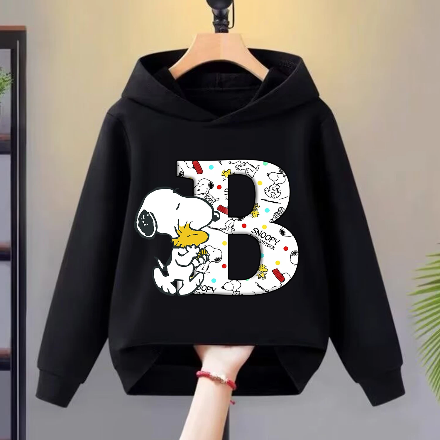 Snoopy New Thick Hoodie for Children A-Z Letter Cartoon Clothes Black Warm Fleece Hoody Clothes Fashion Sweatshirt Top Kids Gift