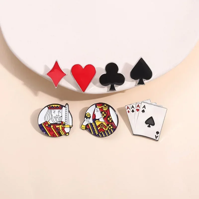 Creative Playing Cards Poker Brooch Enamel Pin Cartoon Red Heart Spades King Queen Brooches Lapel Metal Badges Jewelry Gift